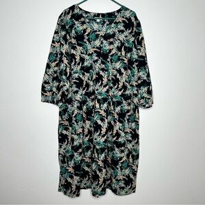 J. Jill Floral 100% Cotton Midi Dress 3/4 Sleeves V Neck Navy Green Peach Yellow